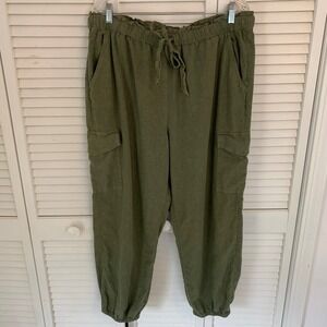 Aerie Linen Blend Cargo Joggers Pants Womens XL Green Drawstring Waist Relaxed